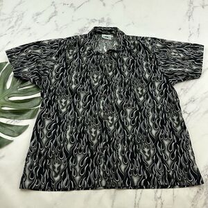 HWY 1 Mens Vintage Y2k Flame Print Button Up Shirt Size XL Tall Black Gray Fire